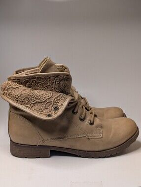 Z London Floral Lace Fold-Over Ankle Boots Cottagecore Natural Tan Size 7